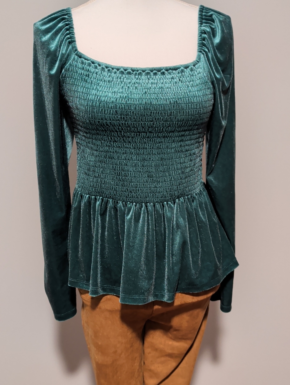 Smocked Velvet Peplum Top - Teal Green